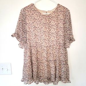 Jodifl Boutique blush floral puff 3/4 sleeve tunic peasant boho top lined Small